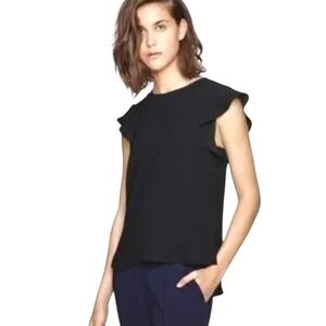 Babaton Blouse Womens S Navy Blue Flutter Sleeve Minimalist Quiet Luxury Chic